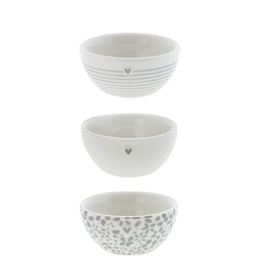 Mini Schälchen-Set Heart Stripes & Flowers 3tlg. verschiedene Motive Keramik weiss grau BC Bowl small Keramikschälchen Dipschälchen Keramikgeschirr Küche gedeckter Tisch im Sale
